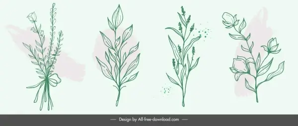 plants icons retro handdrawn floras leaves sketch