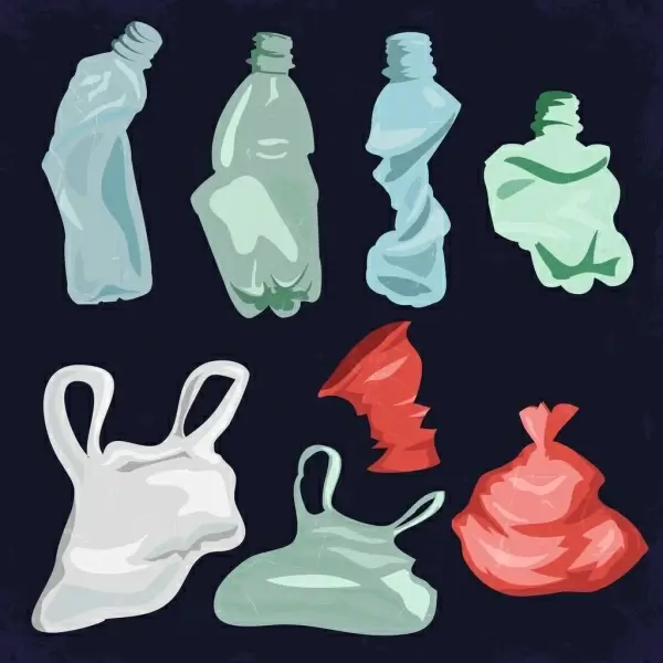 plastic garbage icons colored crumple design various types