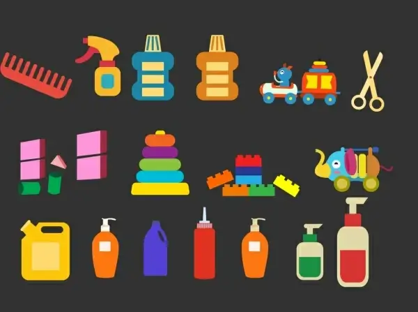 plastic tools icons collection various multicolored flat types