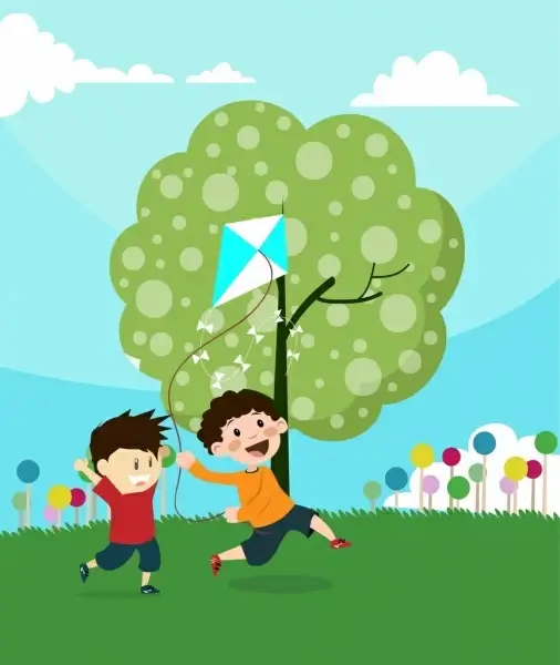 playful children theme boys and kites decoration