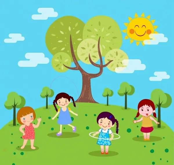 playground drawing playful girls icons colored cartoon design