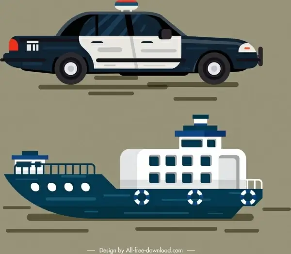 police car ship vehicles icons colored modern design