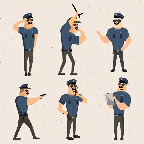 police icons collection various gestures isolation colored cartoon