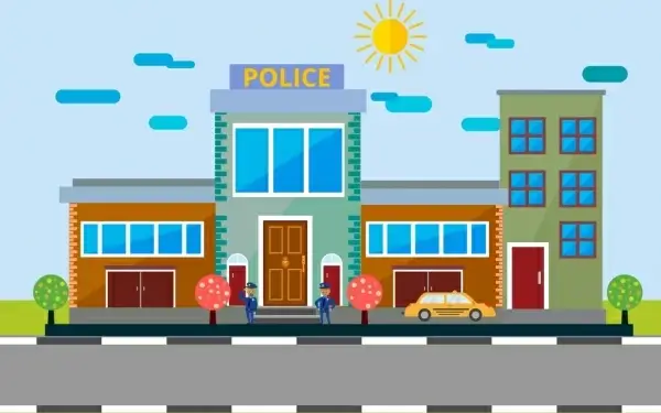 police station facade design colored cartoon decor