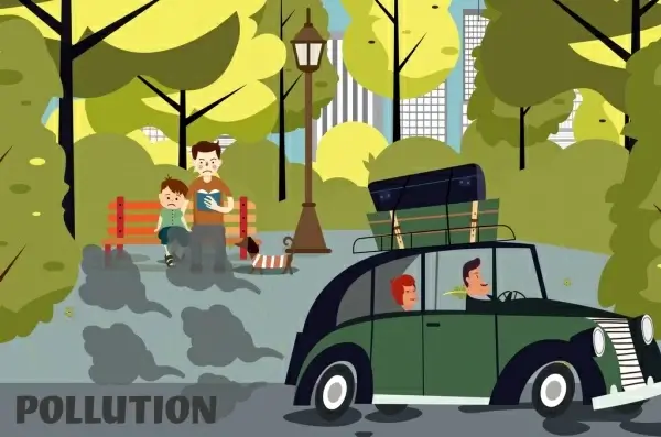 pollution background car people park smoke icons