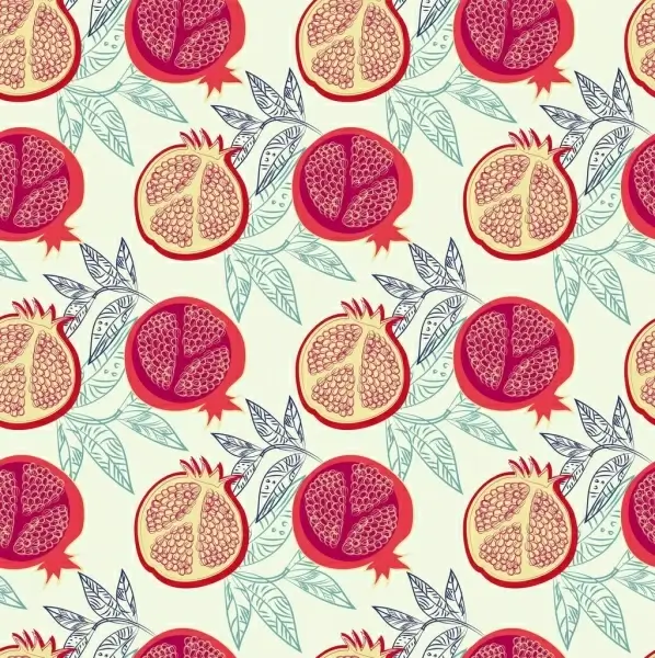 pomegranate background slice leaves icons repeating sketch
