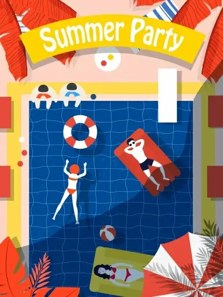 pool party banner people relaxing swimsuit colored cartoon
