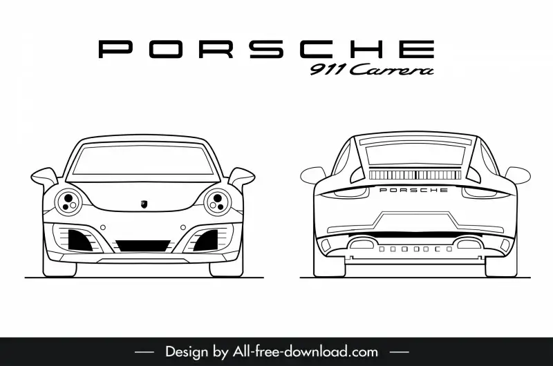 porsche 911 car advertising template black white handdrawn front view back view outline 