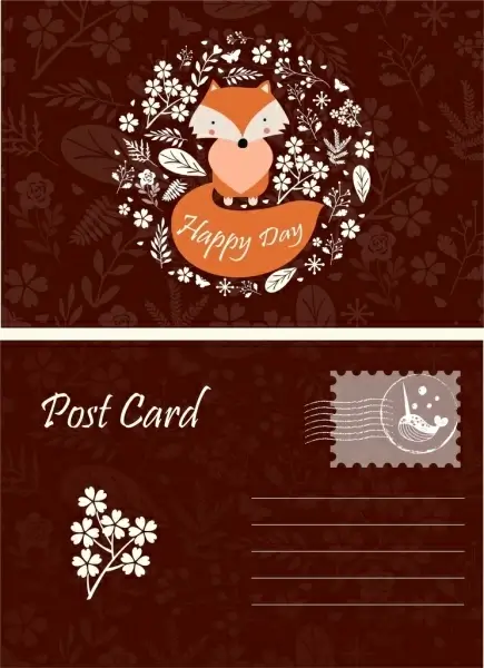 postcard template wild nature decor fox leaves icons