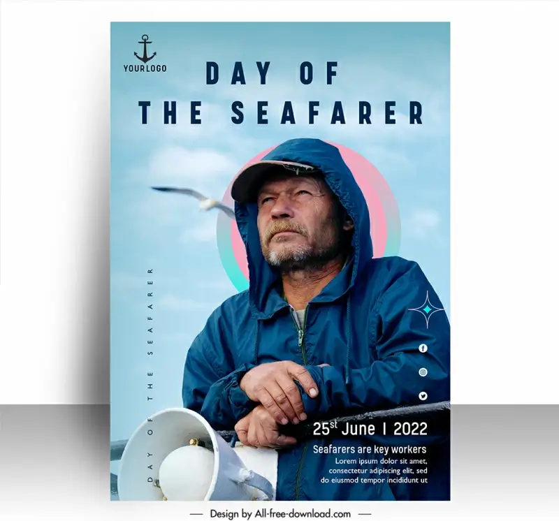 poster happy day of the seafarer template old man sketch realistic modern design 