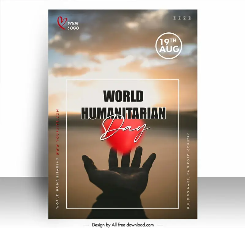 poster international world humanitarian day template closeup hand holding hear sky scene sketch dark design 