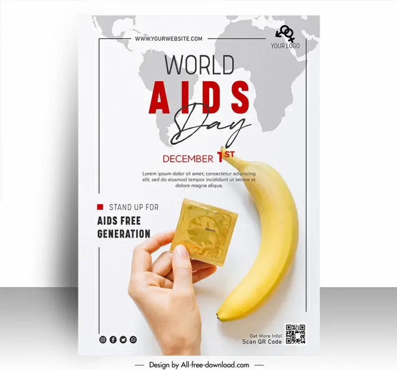 poster world aids day template hand holding condom banana world map sketch modern realistic 