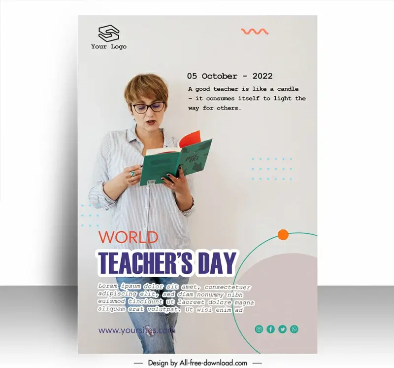 poster world teachers day template female teacher standing reading book sketch