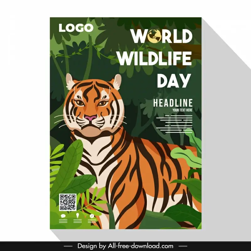poster world wildlife day template tiger forest scene cartoon sketch