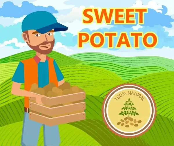 potato advertisement male farmer field icons round seal