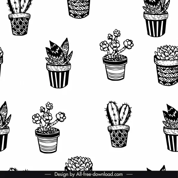potted plants pattern black white vintage handdrawn sketch