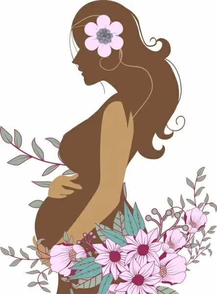 pregnant woman and flowers sketch colored silhouette style