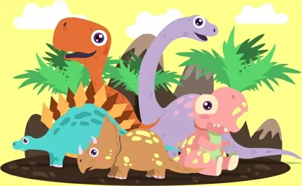 prehistory background dinosaurs icons colored cartoon design
