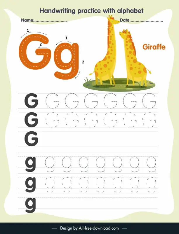 preschool education handwriting practice template alphabet letter tracing g cute giraffes outline 