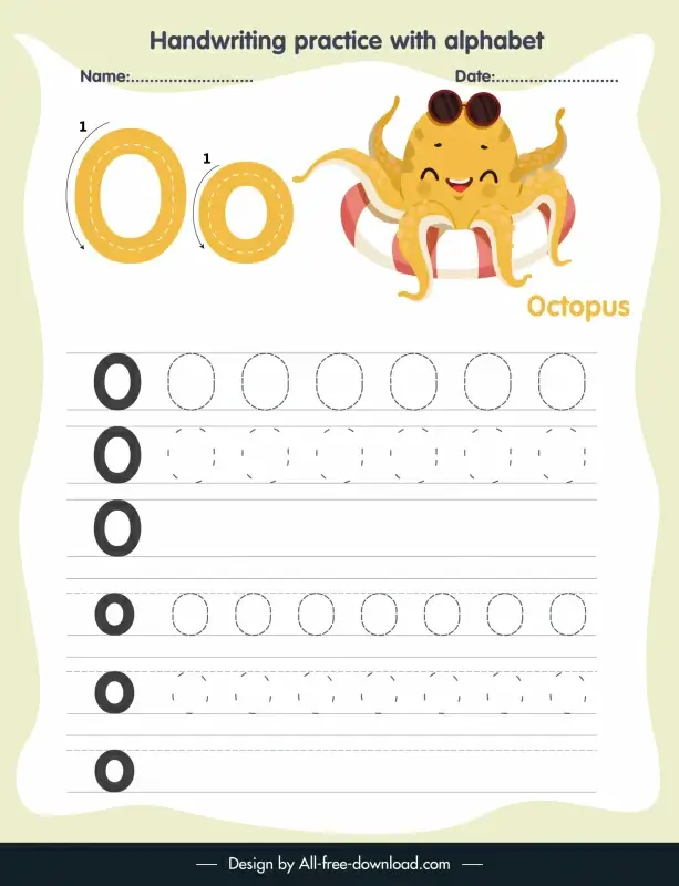 preschool education handwriting practice template alphabet letter tracing o funny stylized octopus sketch 