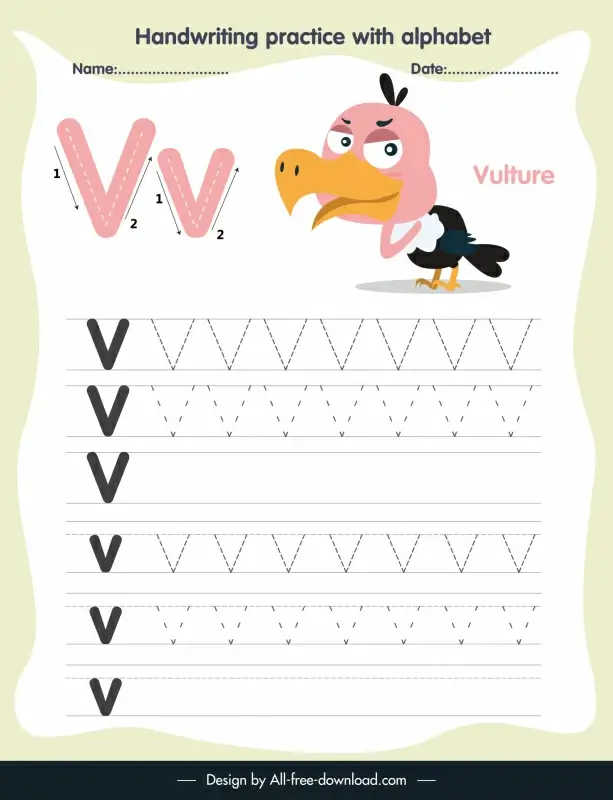 preschool education handwriting practice template alphabet letter tracing v funny vulture outline 