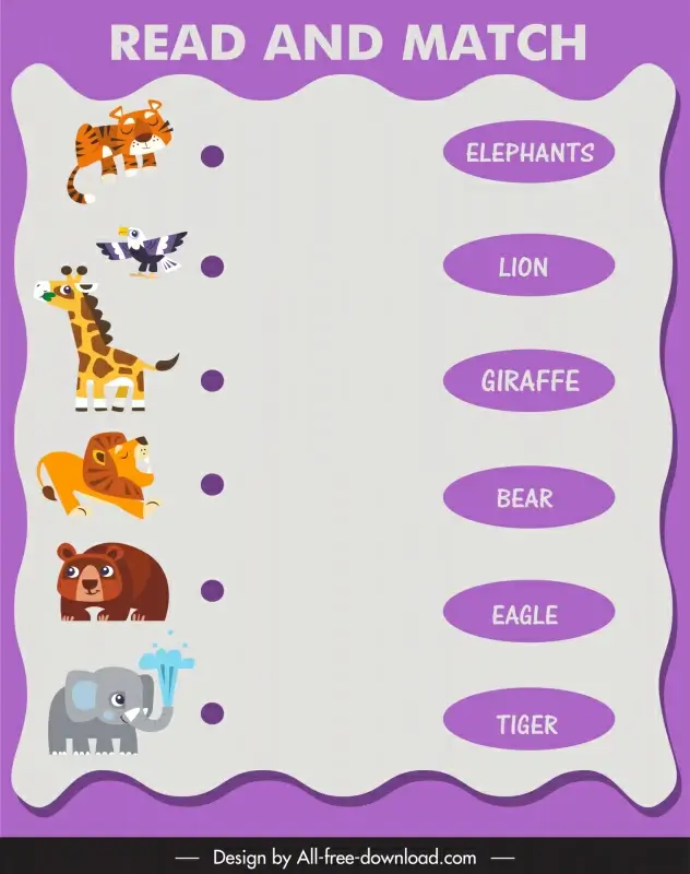 preschool read and match education template cute cartoon wild animals sketch