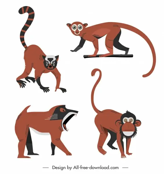 primate species icons colored cartoon character sketch