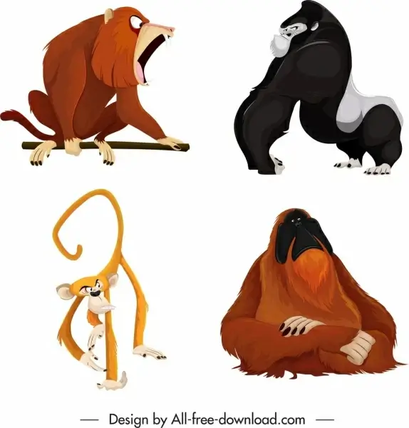 primate species icons orangutang gorilla cynocephalus monkey sketch