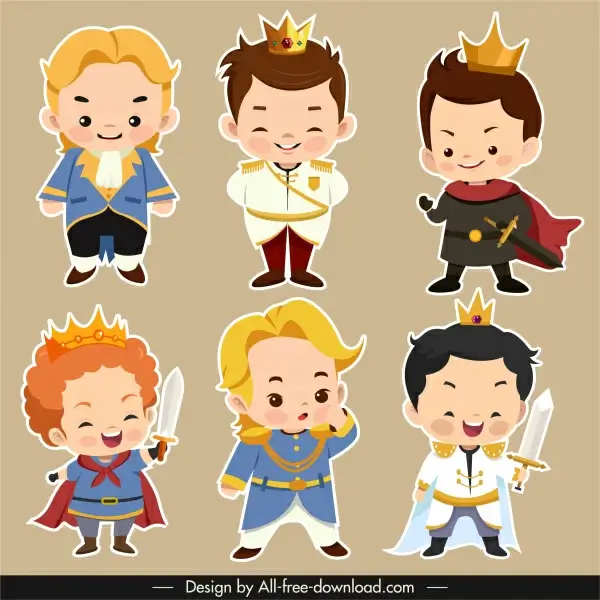 prince icons cute tiny boys sketch cartoon characters