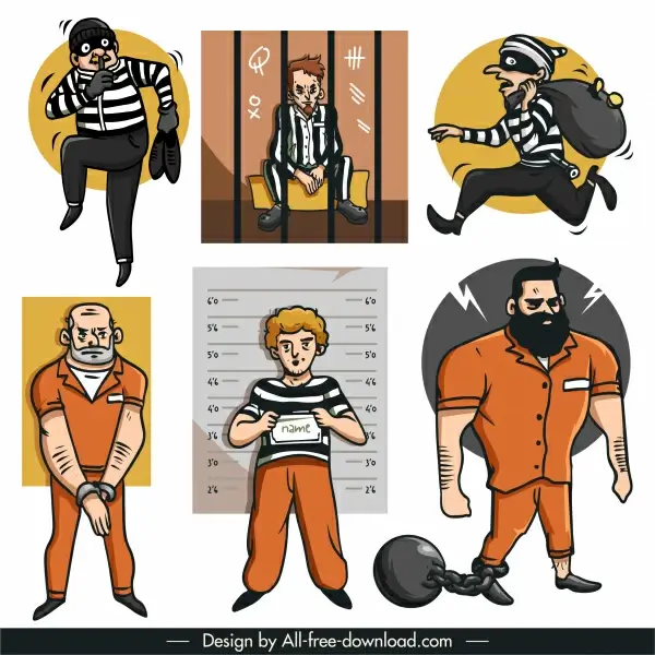 prisoner icons cartoon characters sketch handdrawn design