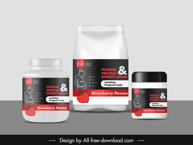 protein powder strawberry flavour drink packaging template elegant contrast  