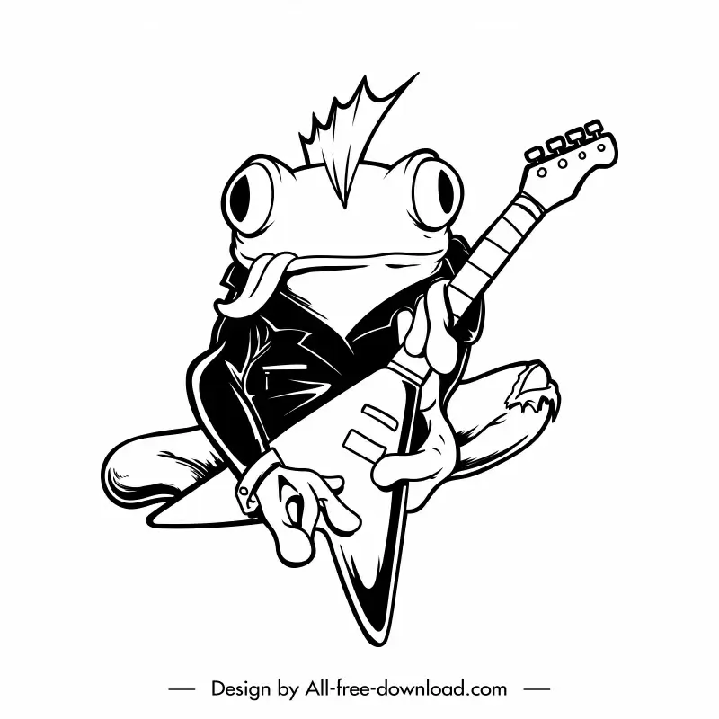 punk frog icon flat black white handdrawn stylized cartoon sketch