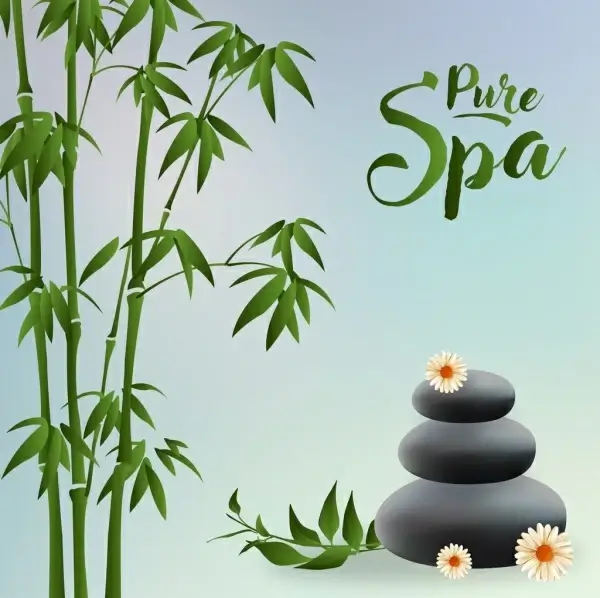 pure spa advertisement green bamboo stones icons decor