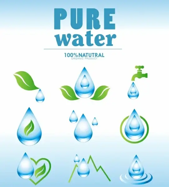 pure water design elements blue droplets leaf icons