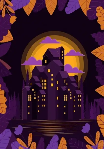 purple night drawing buildings moonlight leaves decoration