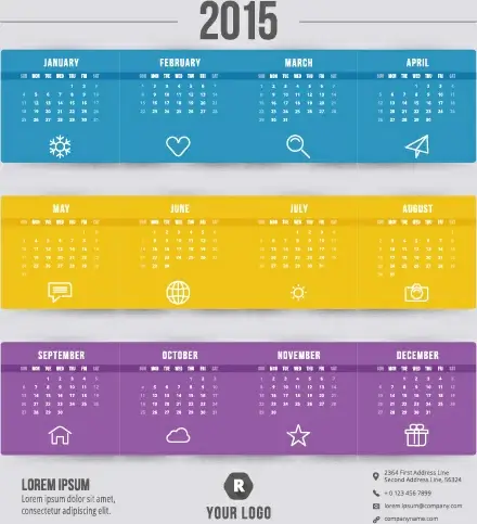 purple with blue and yellow15 calendar vector