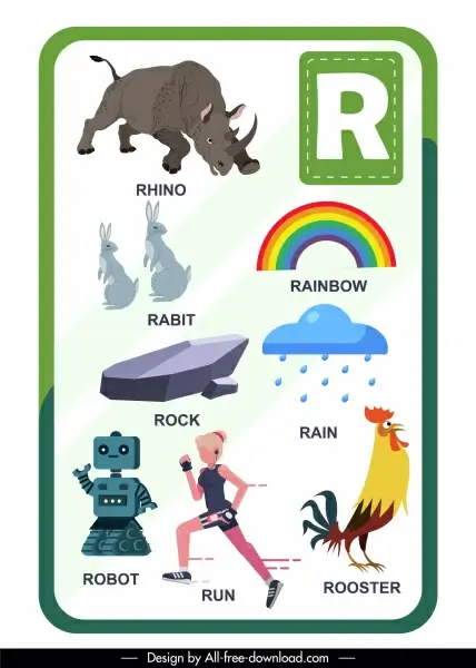 r alphabet educational template colorful emblems sketch