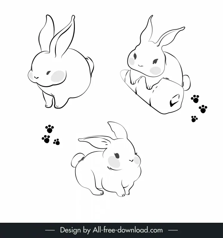 rabbit design elements cute flat black white handdrawn cartoon sketch