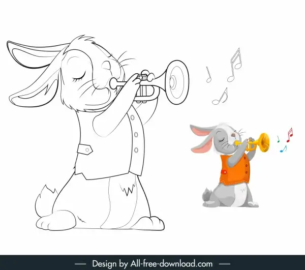 rabbit icon trumpet playing sketch handdrawn cartoon character
