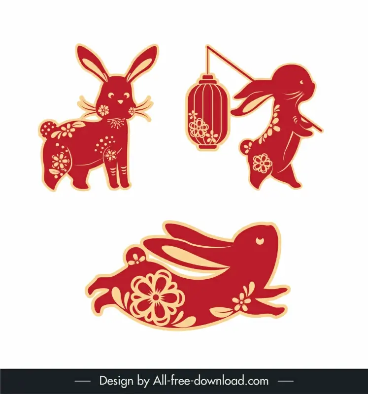 rabbit paper cut china style decor icons flat cute classical flowers decor