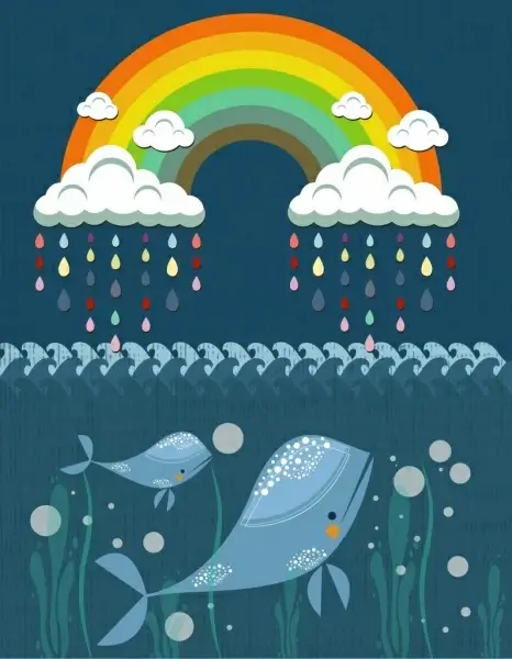 rainbow ocean background cloud rain drops whale icons