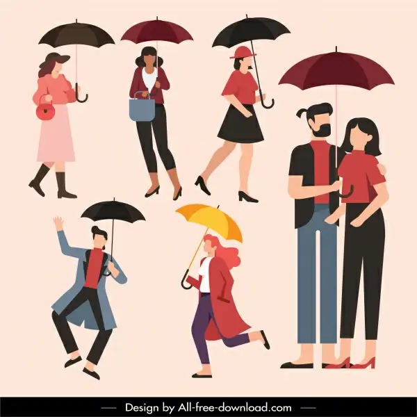 rainy fashion icons people umbrella sketch