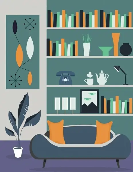 reading room decor background sofa shelf icons