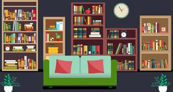 reading room decor book shelves armchair icons