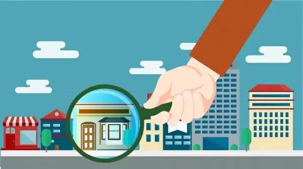 real estate sales background hand houses magnifier icons