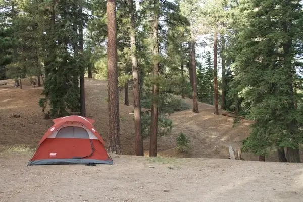 red camping tent in the forest