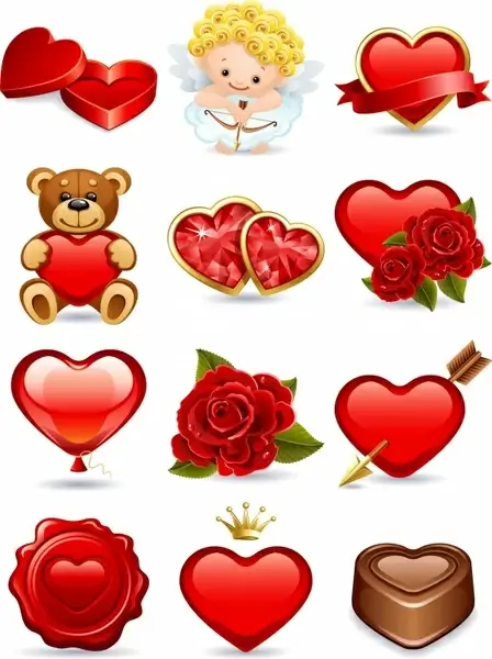 valentine symbols icons shiny heart rose angel sketch