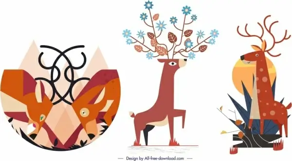reindeer icons sets colored cartoon characters 