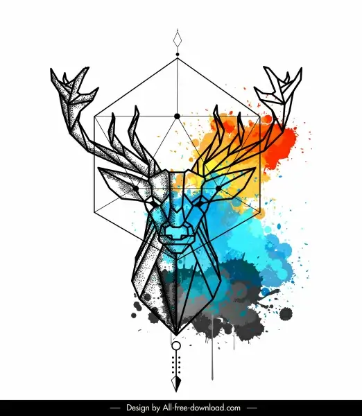 reindeer tattoo template symmetric lowpoly colorful grunge decor