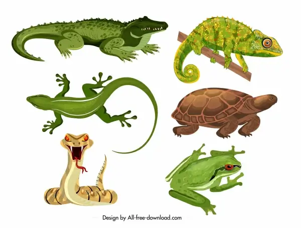 reptiles icons crocodile gecko turtle snake frog sketch